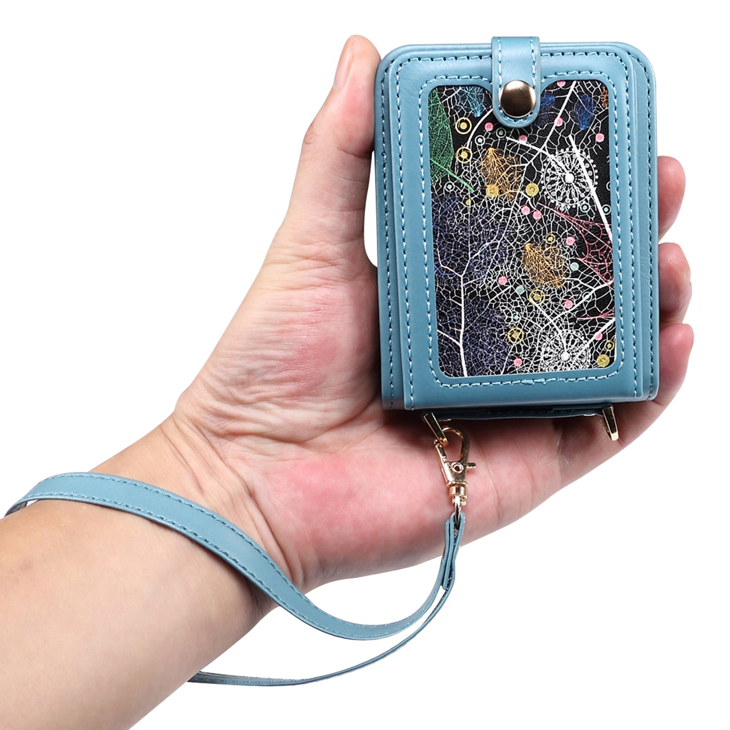 For Samsung Galaxy Z Flip6 5G Case Leather+PC Phone Cover with Card Holder Long Strap - Blue