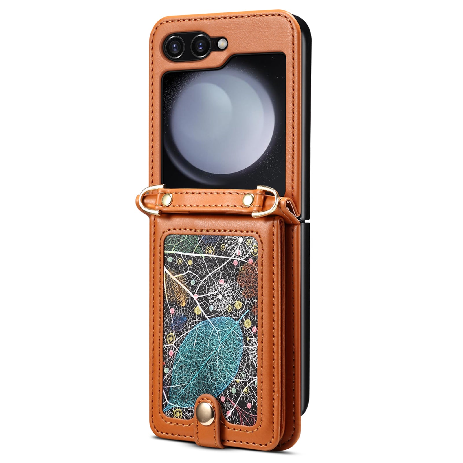 For Samsung Galaxy Z Flip6 5G Case Leather+PC Phone Cover with Card Holder Long Strap - Brown
