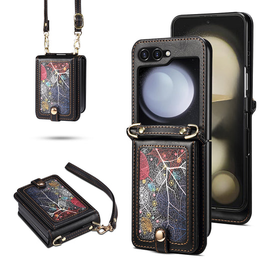 For Samsung Galaxy Z Flip6 5G Case Leather+PC Phone Cover with Card Holder Long Strap - Black