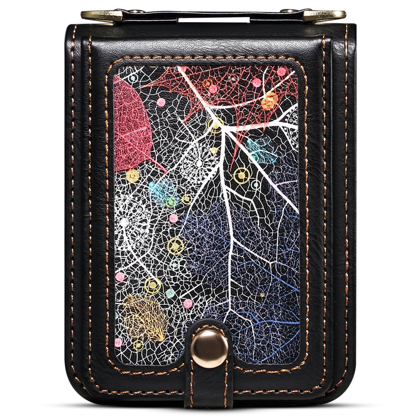 For Samsung Galaxy Z Flip6 5G Case Leather+PC Phone Cover with Card Holder Long Strap - Black