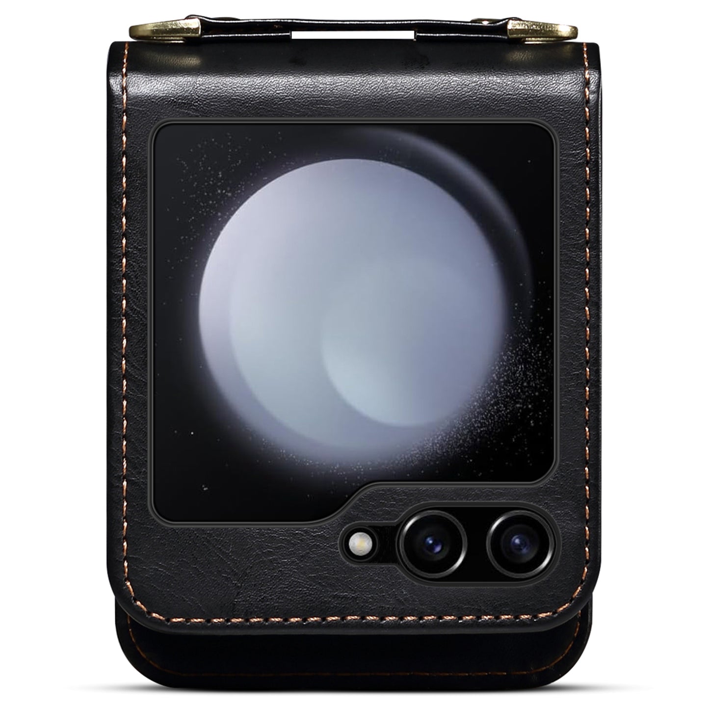 For Samsung Galaxy Z Flip6 5G Case Leather+PC Phone Cover with Card Holder Long Strap - Black