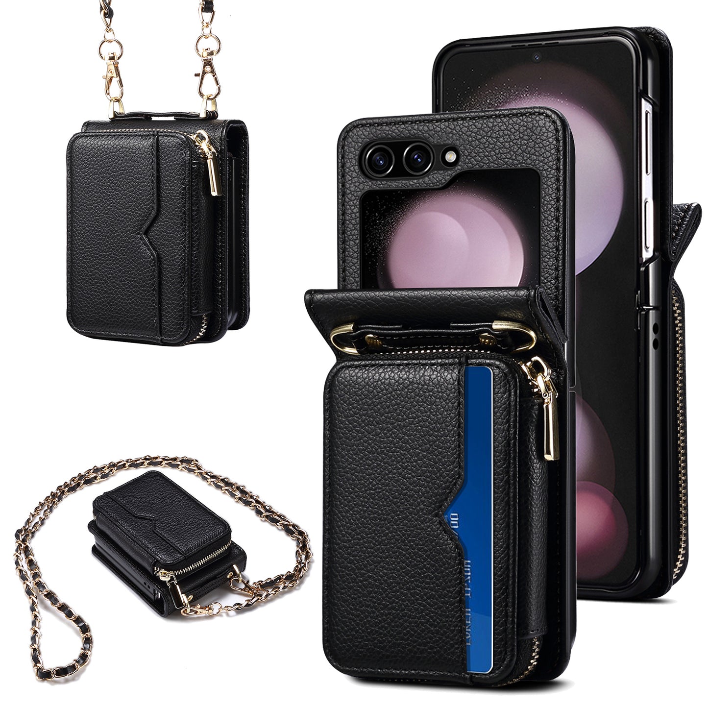 For Samsung Galaxy Z Flip6 5G Case Zipper Card Holder PU Leather Back Cover with Chain Strap - Black