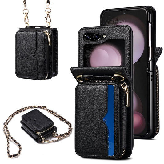 For Samsung Galaxy Z Flip6 5G Case Zipper Card Holder PU Leather Back Cover with Chain Strap - Black