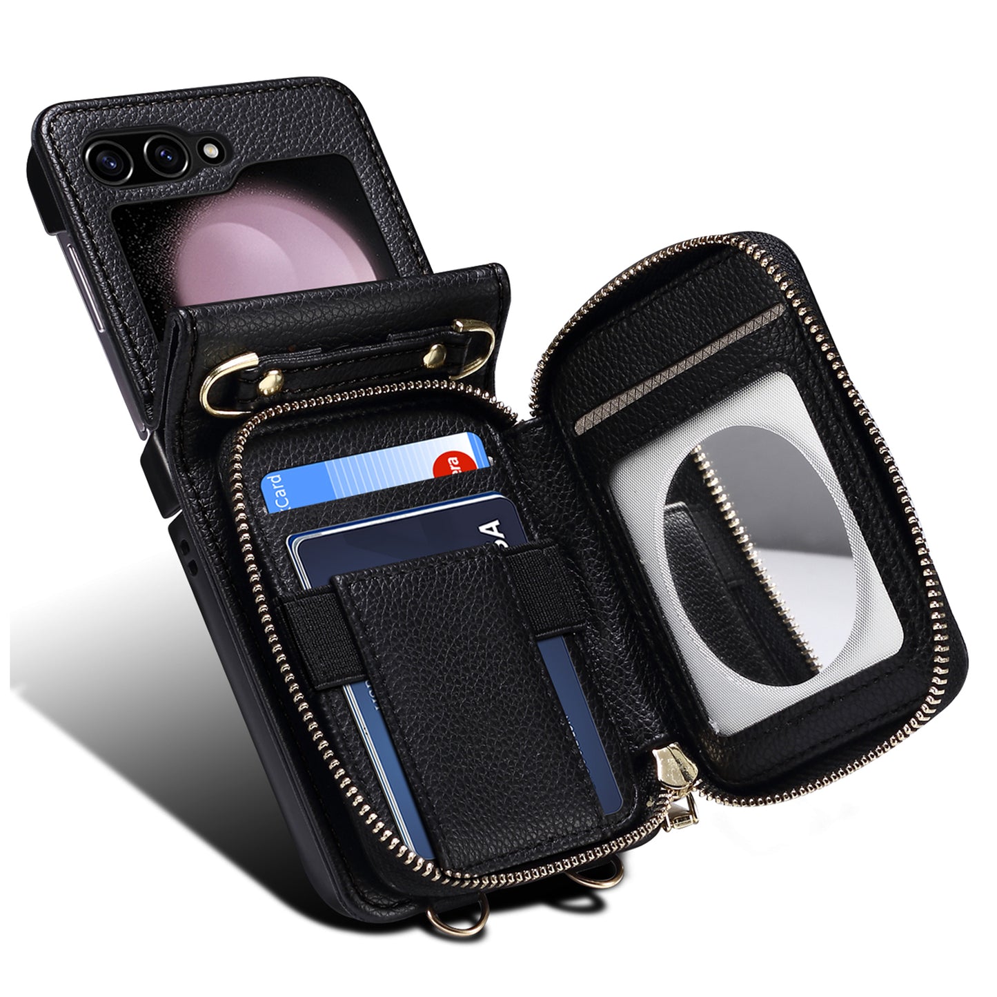 For Samsung Galaxy Z Flip6 5G Case Zipper Card Holder PU Leather Back Cover with Chain Strap - Black