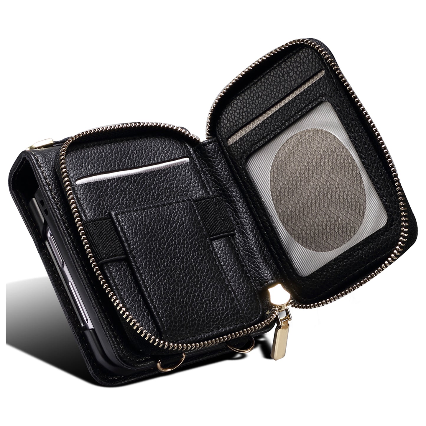 For Samsung Galaxy Z Flip6 5G Case Zipper Card Holder PU Leather Back Cover with Chain Strap - Black