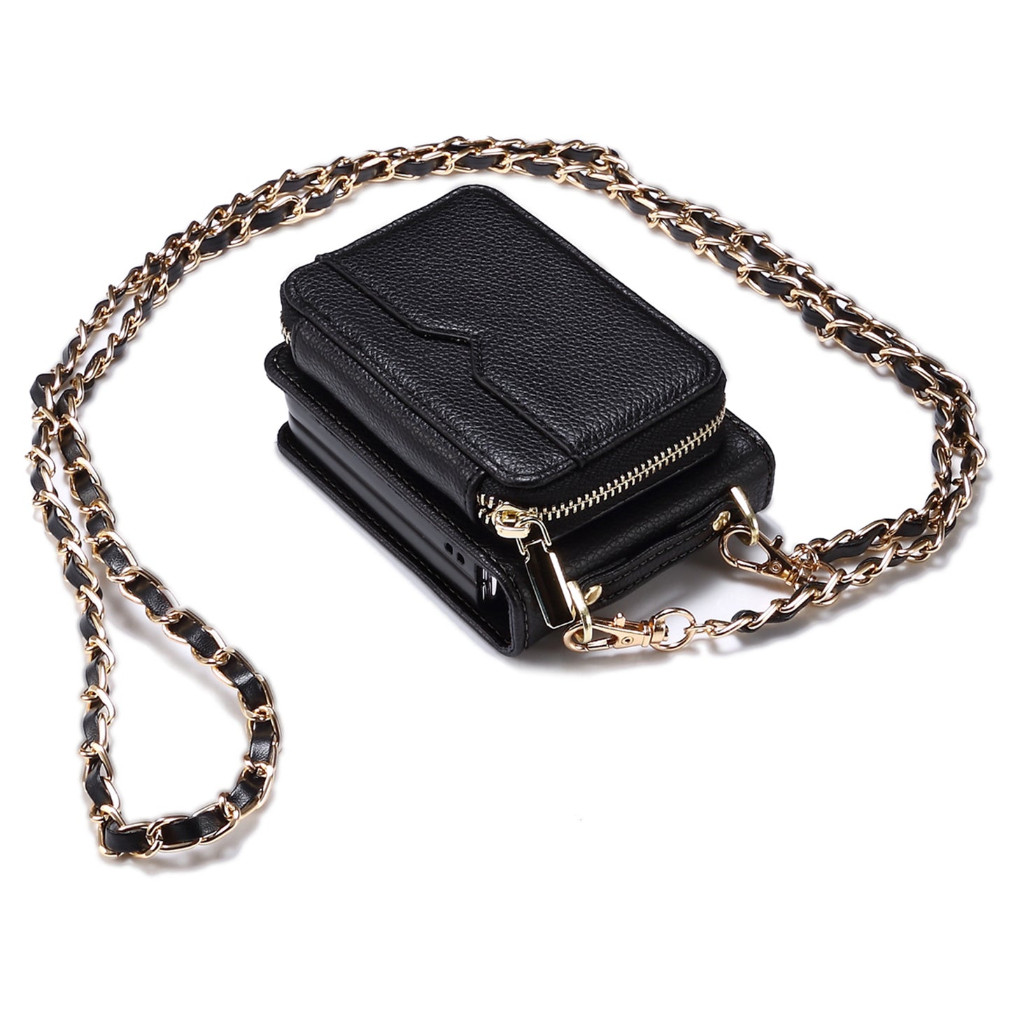 For Samsung Galaxy Z Flip6 5G Case Zipper Card Holder PU Leather Back Cover with Chain Strap - Black