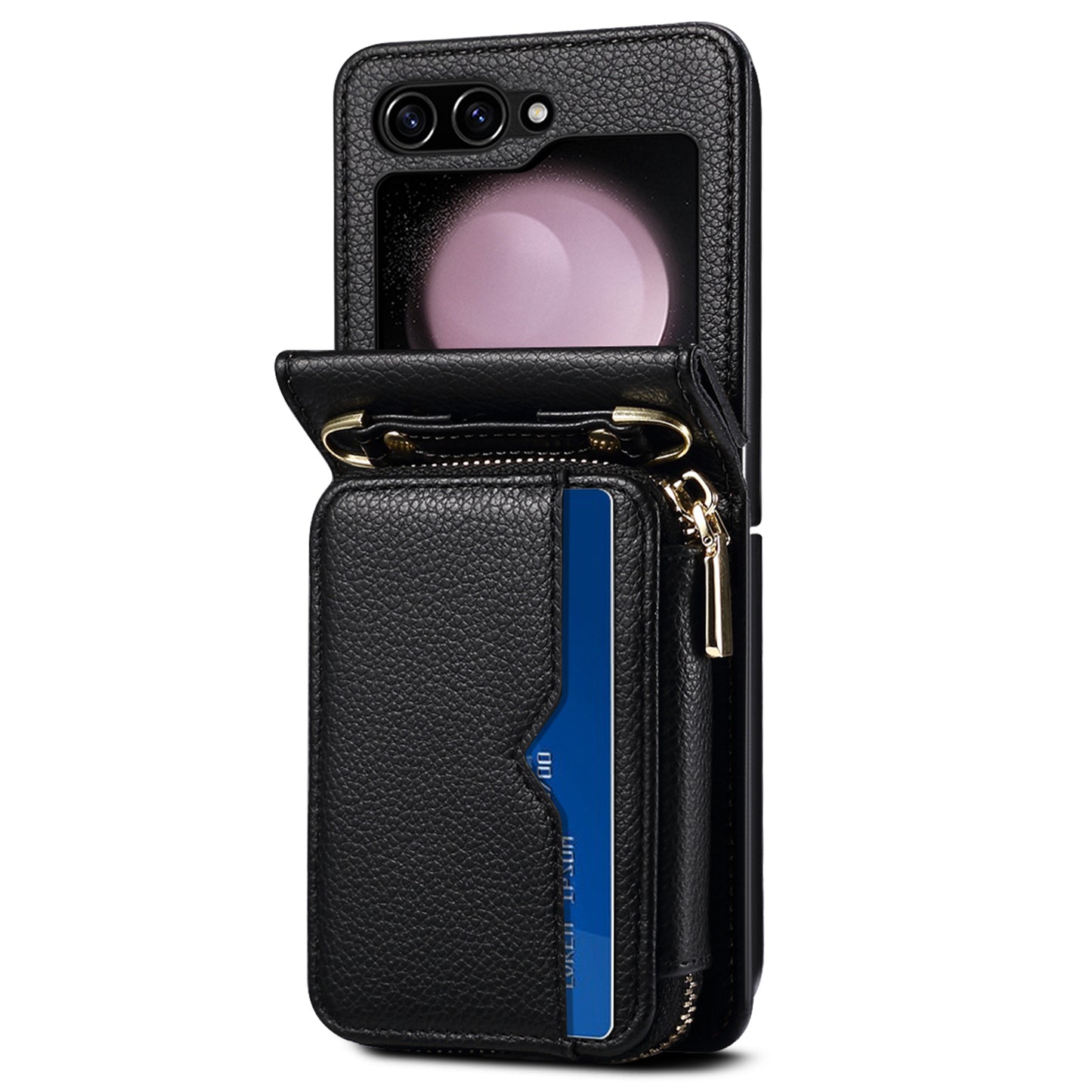 For Samsung Galaxy Z Flip6 5G Case Zipper Card Holder PU Leather Back Cover with Chain Strap - Black