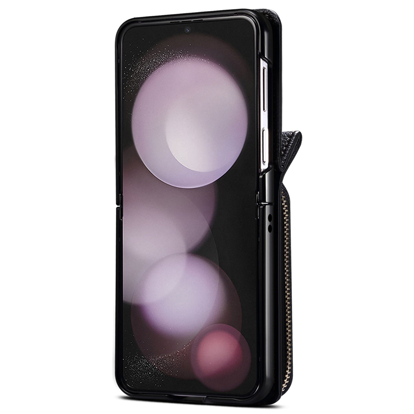 For Samsung Galaxy Z Flip6 5G Case Zipper Card Holder PU Leather Back Cover with Chain Strap - Black