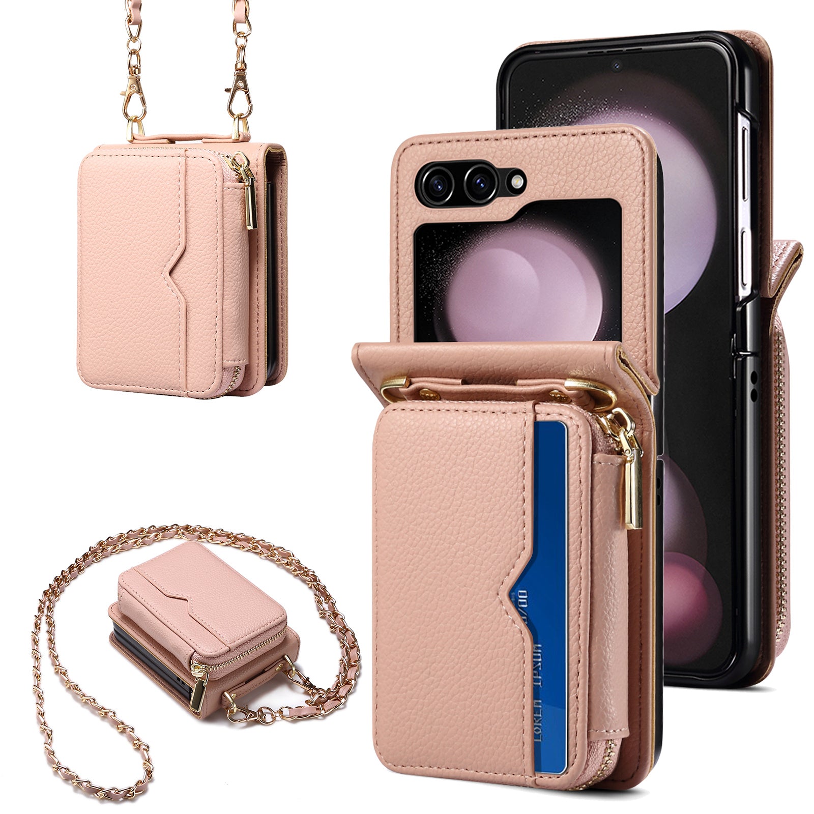 For Samsung Galaxy Z Flip6 5G Case Zipper Card Holder PU Leather Back Cover with Chain Strap - Pink