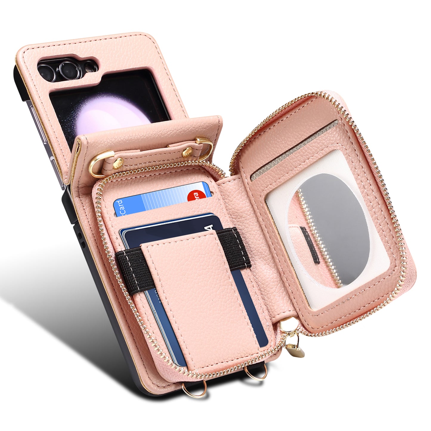For Samsung Galaxy Z Flip6 5G Case Zipper Card Holder PU Leather Back Cover with Chain Strap - Pink