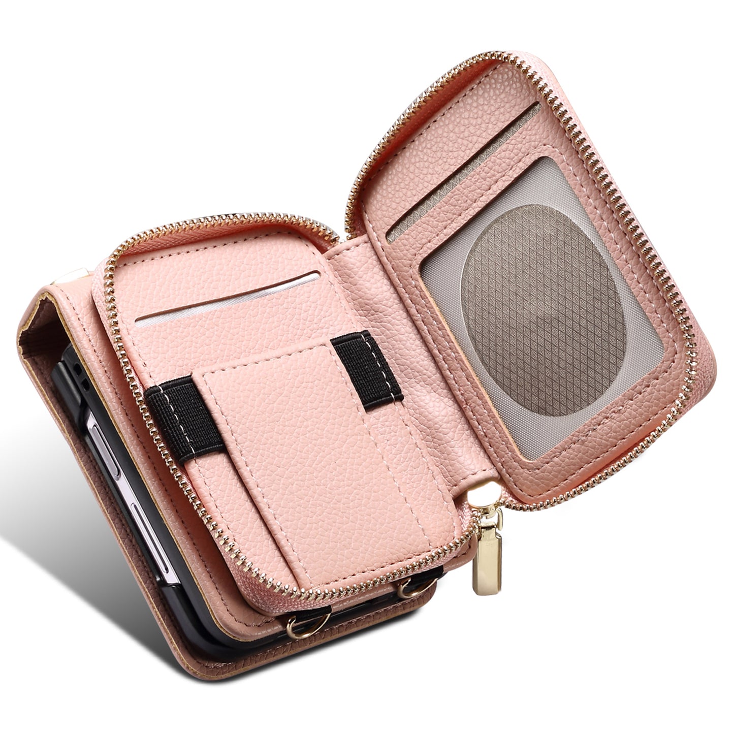 For Samsung Galaxy Z Flip6 5G Case Zipper Card Holder PU Leather Back Cover with Chain Strap - Pink