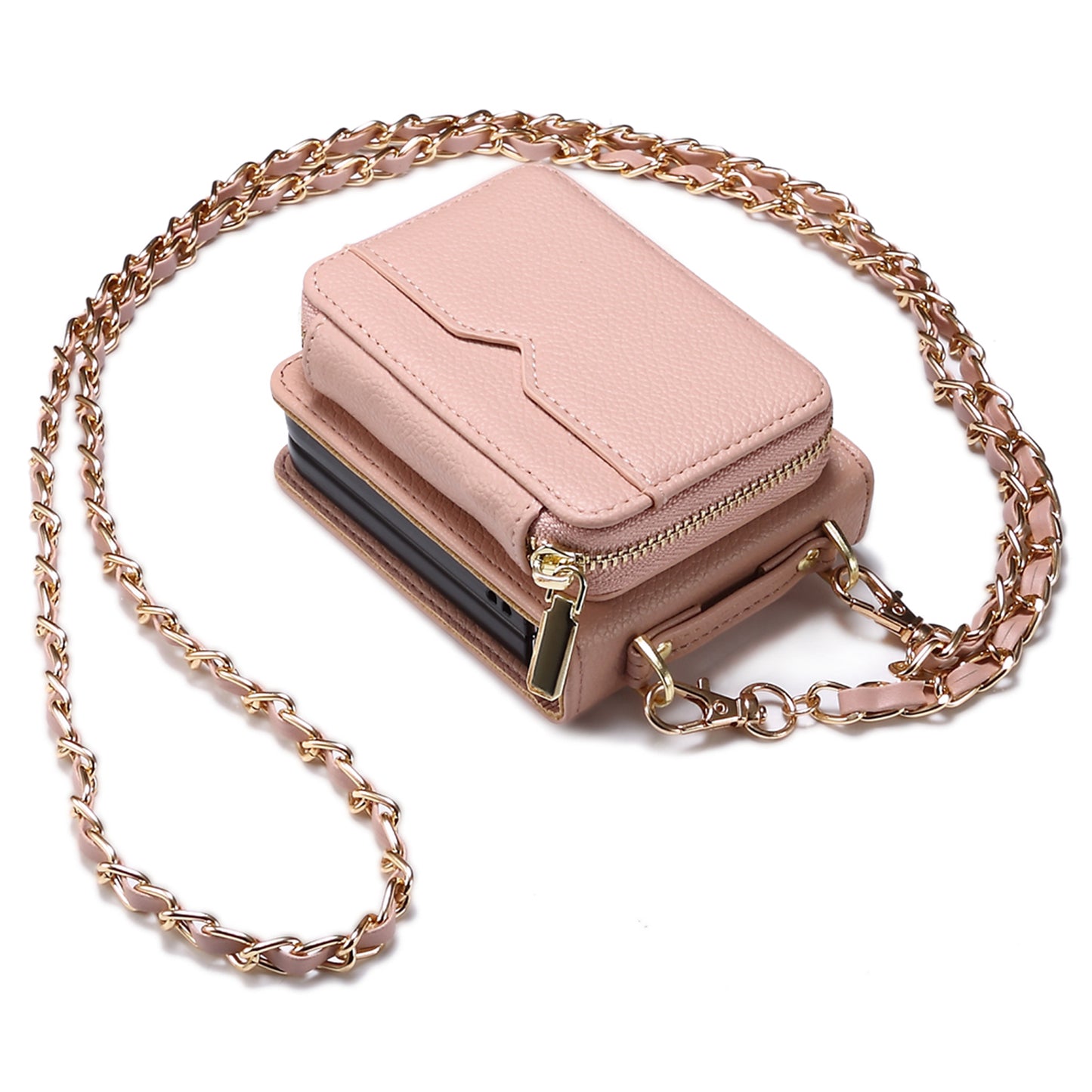 For Samsung Galaxy Z Flip6 5G Case Zipper Card Holder PU Leather Back Cover with Chain Strap - Pink
