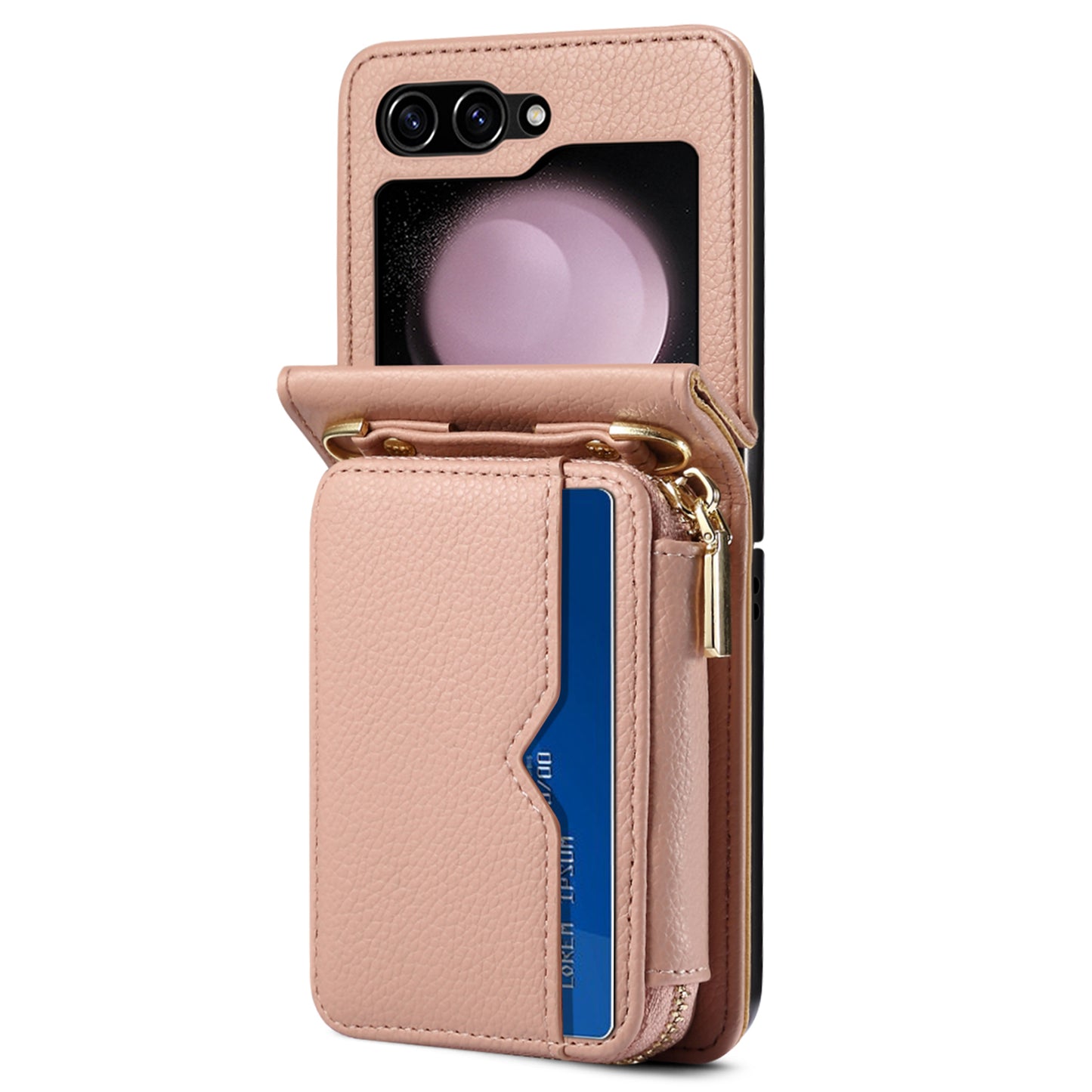 For Samsung Galaxy Z Flip6 5G Case Zipper Card Holder PU Leather Back Cover with Chain Strap - Pink