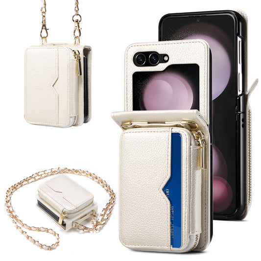 For Samsung Galaxy Z Flip6 5G Case Zipper Card Holder PU Leather Back Cover with Chain Strap - White