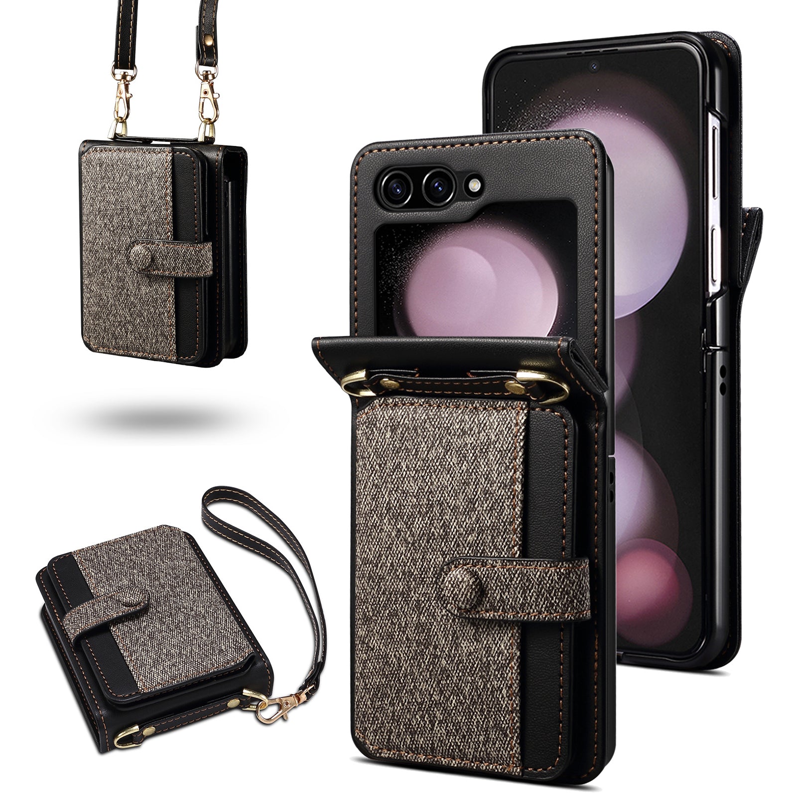 For Samsung Galaxy Z Flip6 5G Case Splicing Color Leather Phone Cover with Card Slot Holder Lanyard - Dark Grey