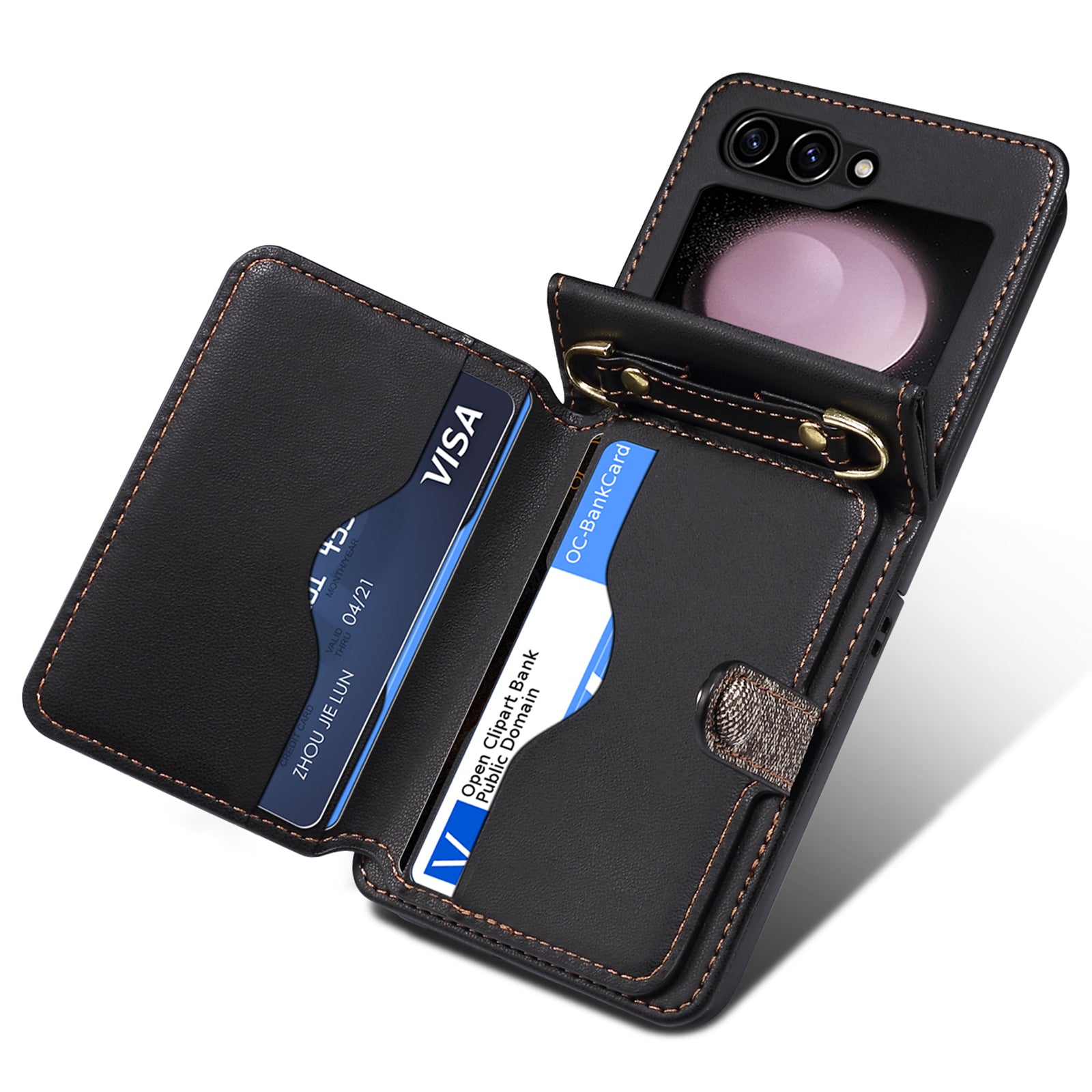 For Samsung Galaxy Z Flip6 5G Case Splicing Color Leather Phone Cover with Card Slot Holder Lanyard - Dark Grey