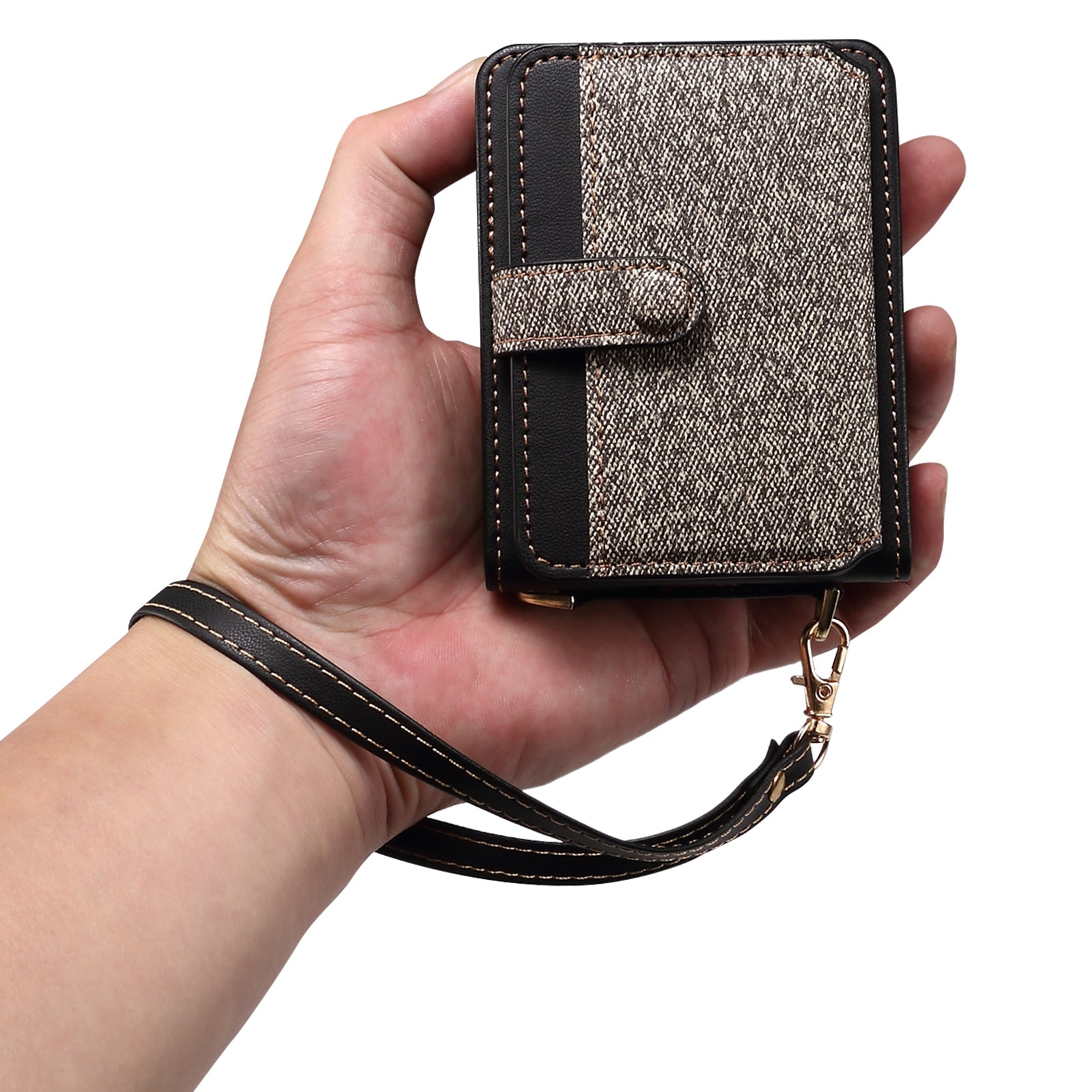 For Samsung Galaxy Z Flip6 5G Case Splicing Color Leather Phone Cover with Card Slot Holder Lanyard - Dark Grey