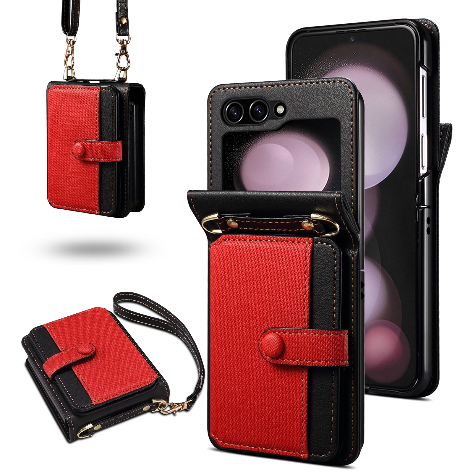 For Samsung Galaxy Z Flip6 5G Case Splicing Color Leather Phone Cover with Card Slot Holder Lanyard - Red