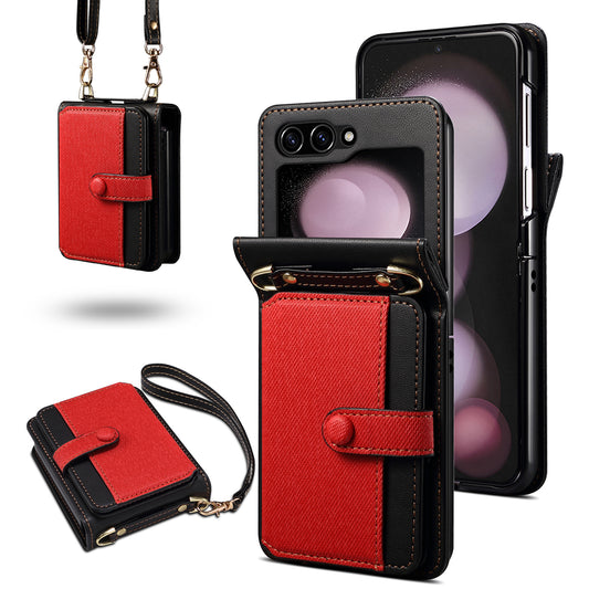 For Samsung Galaxy Z Flip6 5G Case Splicing Color Leather Phone Cover with Card Slot Holder Lanyard - Red