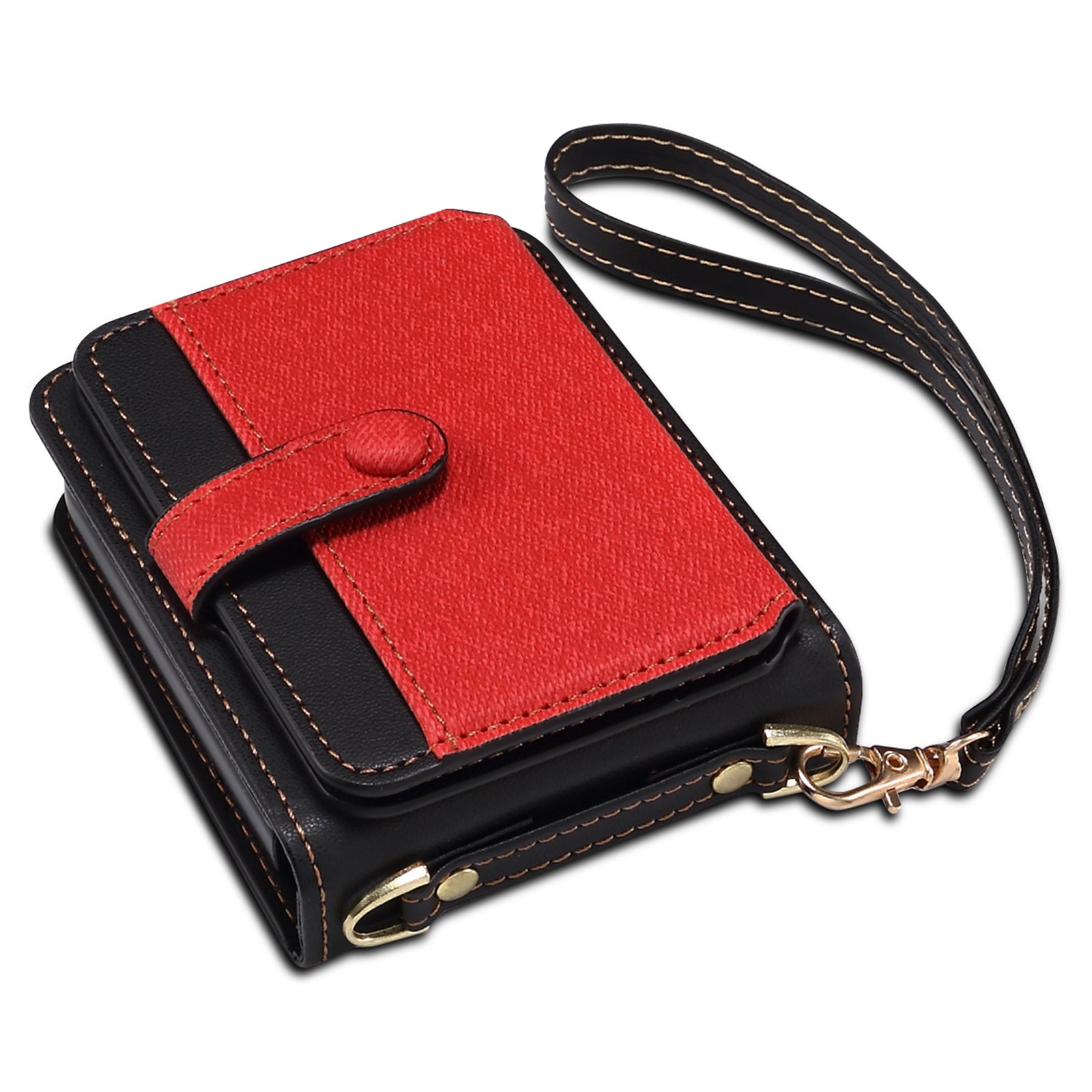 For Samsung Galaxy Z Flip6 5G Case Splicing Color Leather Phone Cover with Card Slot Holder Lanyard - Red