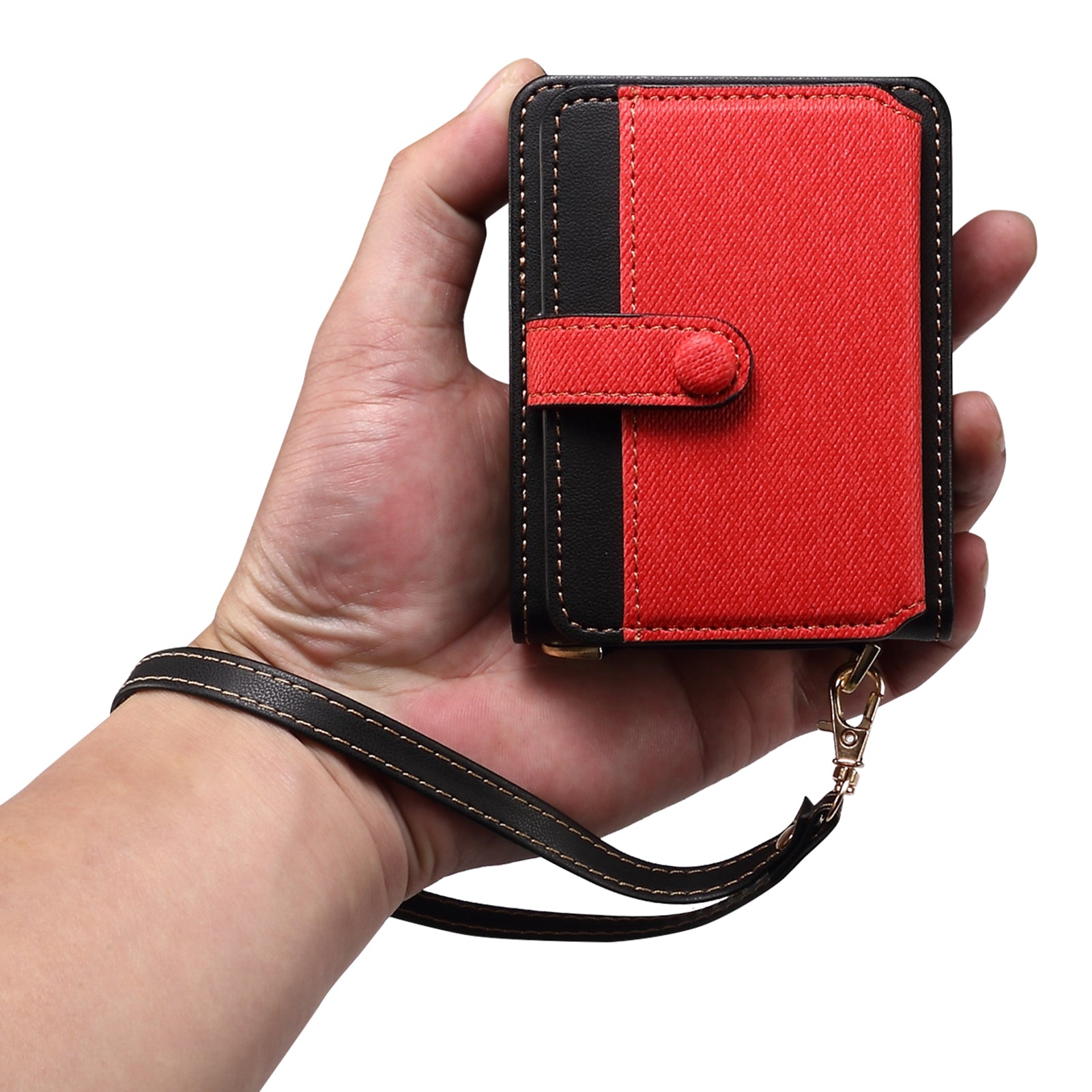 For Samsung Galaxy Z Flip6 5G Case Splicing Color Leather Phone Cover with Card Slot Holder Lanyard - Red
