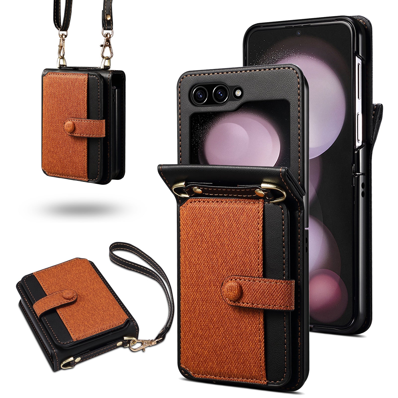 For Samsung Galaxy Z Flip6 5G Case Splicing Color Leather Phone Cover with Card Slot Holder Lanyard - Brown