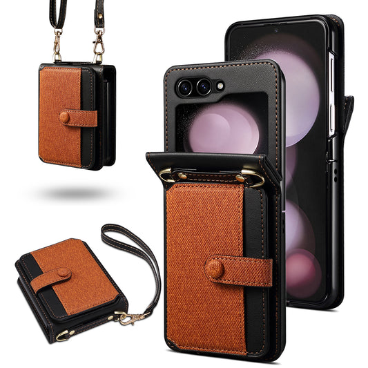 For Samsung Galaxy Z Flip6 5G Case Splicing Color Leather Phone Cover with Card Slot Holder Lanyard - Brown