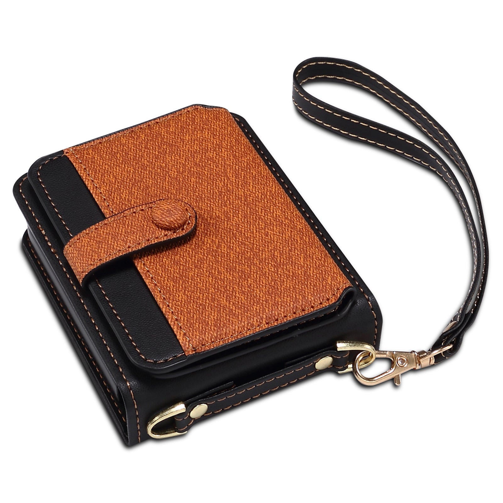 For Samsung Galaxy Z Flip6 5G Case Splicing Color Leather Phone Cover with Card Slot Holder Lanyard - Brown