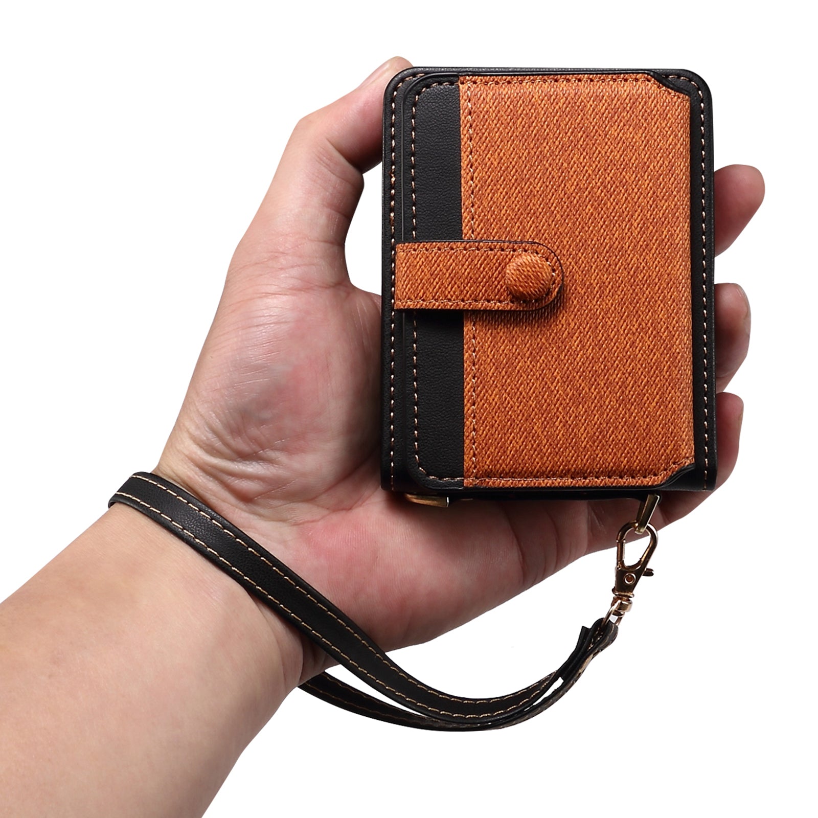 For Samsung Galaxy Z Flip6 5G Case Splicing Color Leather Phone Cover with Card Slot Holder Lanyard - Brown