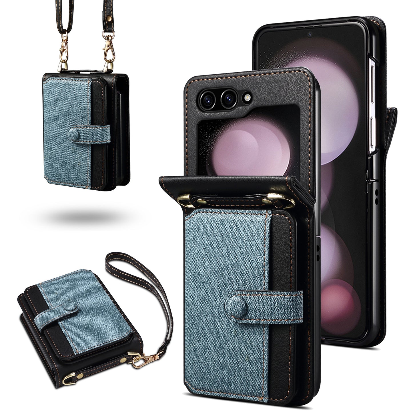 For Samsung Galaxy Z Flip6 5G Case Splicing Color Leather Phone Cover with Card Slot Holder Lanyard - Blue