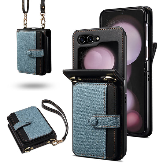 For Samsung Galaxy Z Flip6 5G Case Splicing Color Leather Phone Cover with Card Slot Holder Lanyard - Blue