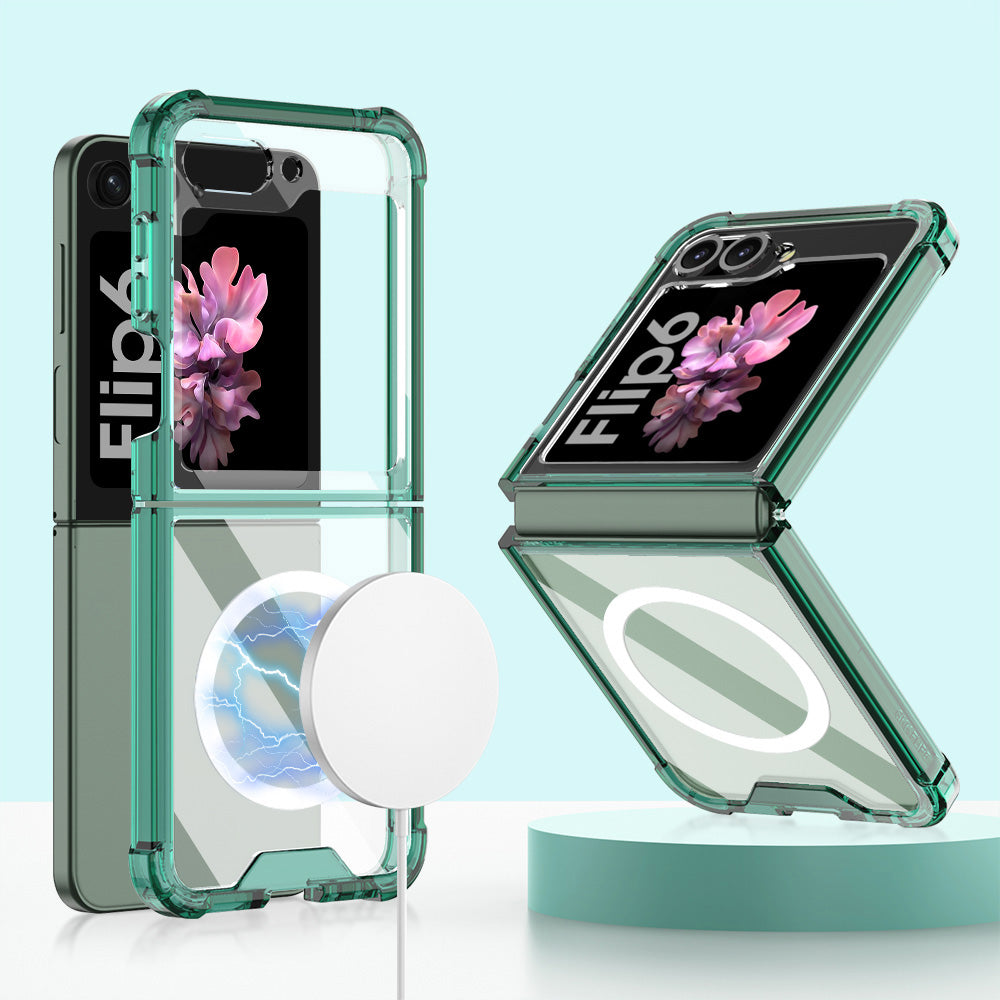 GKK For Samsung Galaxy Z Flip6 5G Airbag Cushion Phone Cases TPU+PC Folding Cover Magnetic Phone Shell - Transparent Green