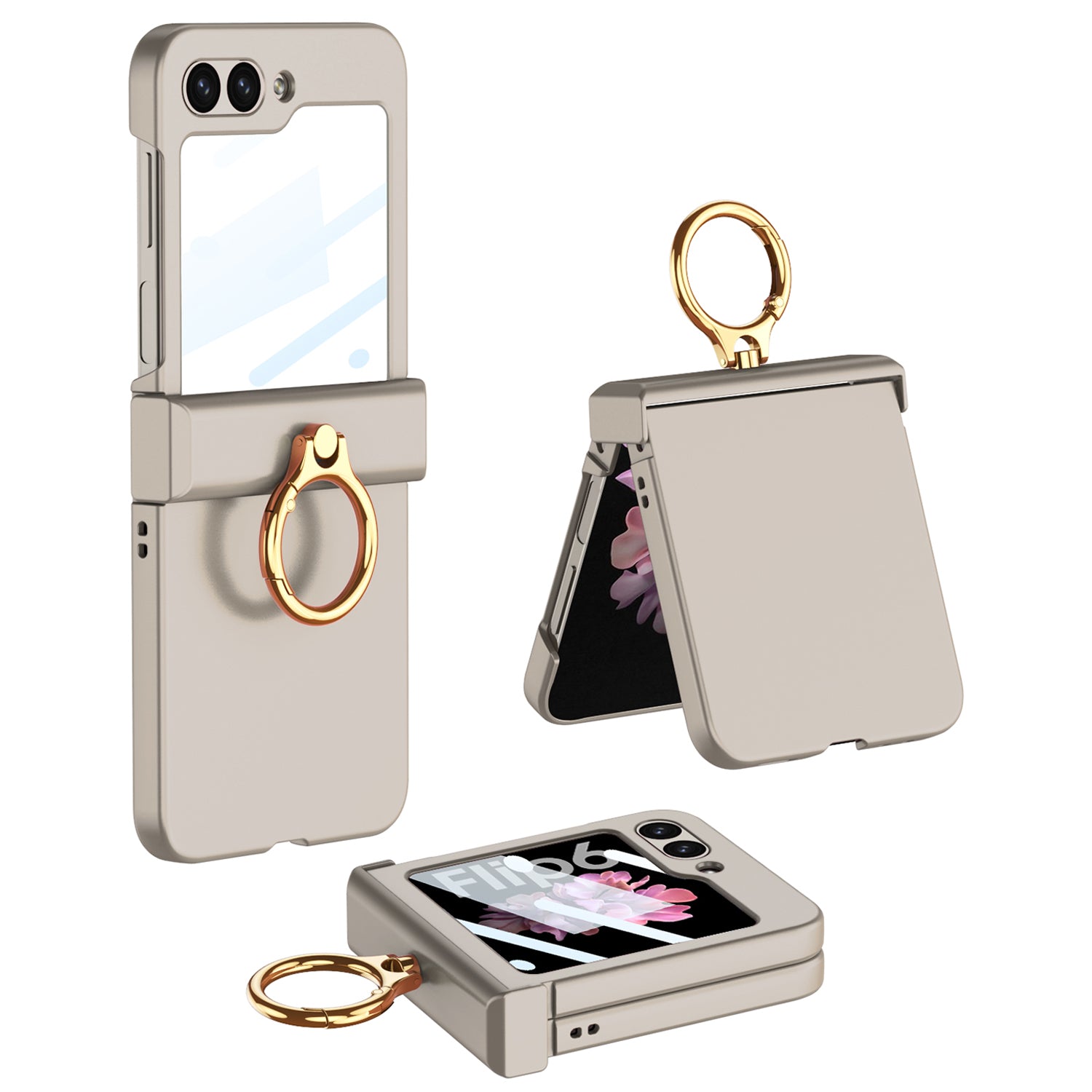 GKK For Samsung Galaxy Z Flip6 5G Slim Phone Case PC Cover with Ring Holder+Tempered Glass Film - Titanium Grey