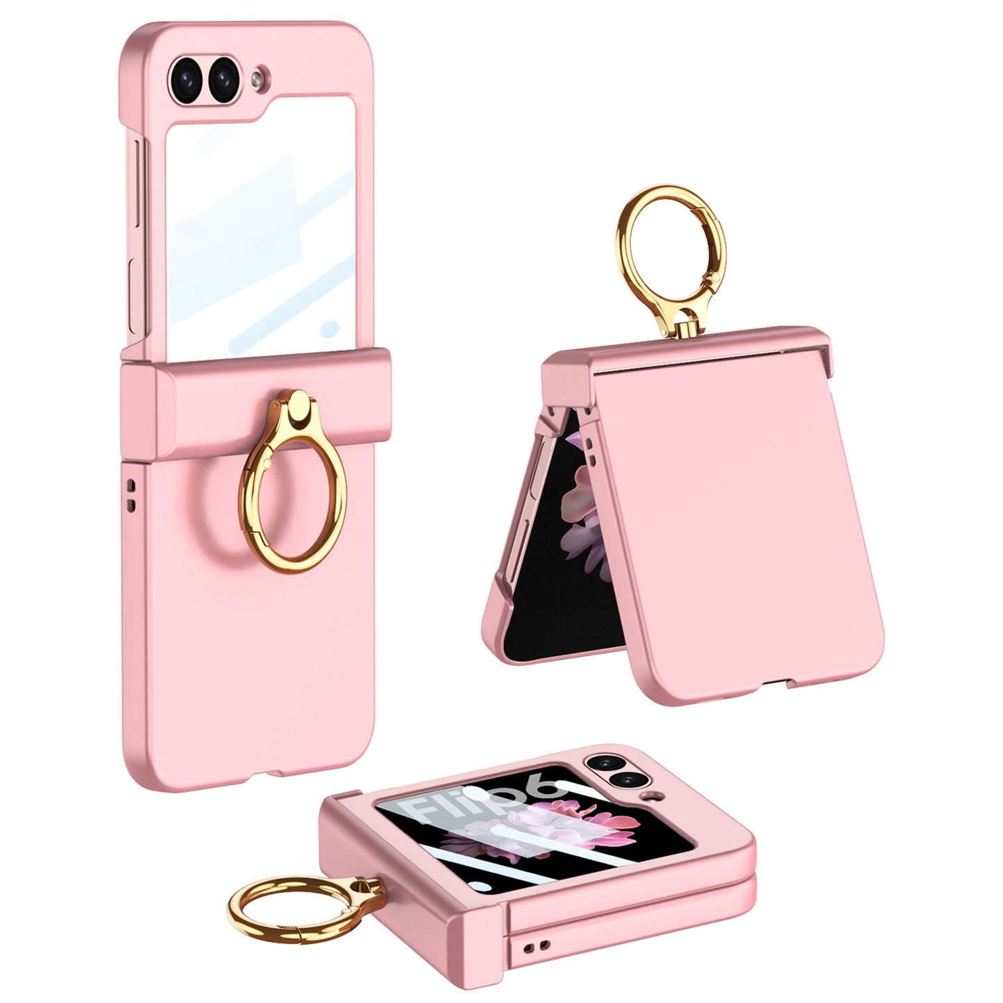 GKK For Samsung Galaxy Z Flip6 5G Slim Phone Case PC Cover with Ring Holder+Tempered Glass Film - Pink