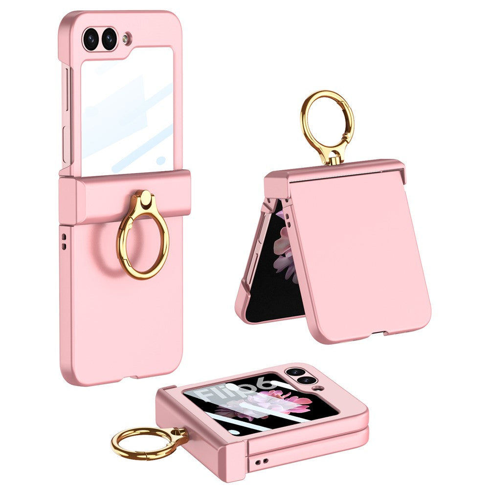 GKK For Samsung Galaxy Z Flip7 FE 5G / Z Flip6 5G Slim Phone Case PC Cover with Ring Holder+Tempered Glass Film - Pink