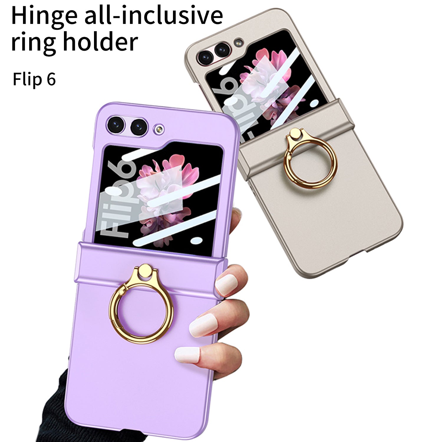 GKK For Samsung Galaxy Z Flip6 5G Slim Phone Case PC Cover with Ring Holder+Tempered Glass Film - Pink