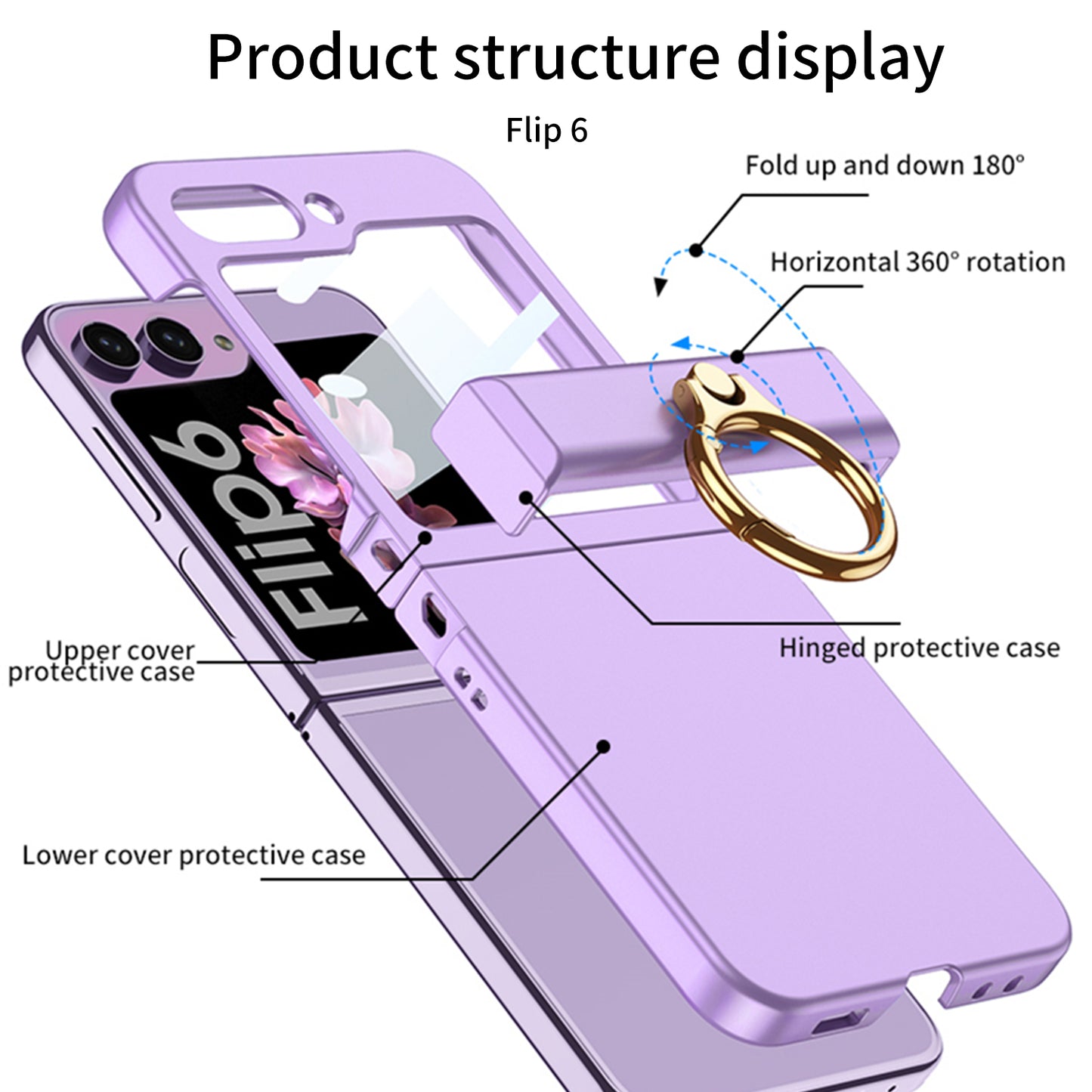 GKK For Samsung Galaxy Z Flip6 5G Slim Phone Case PC Cover with Ring Holder+Tempered Glass Film - Black