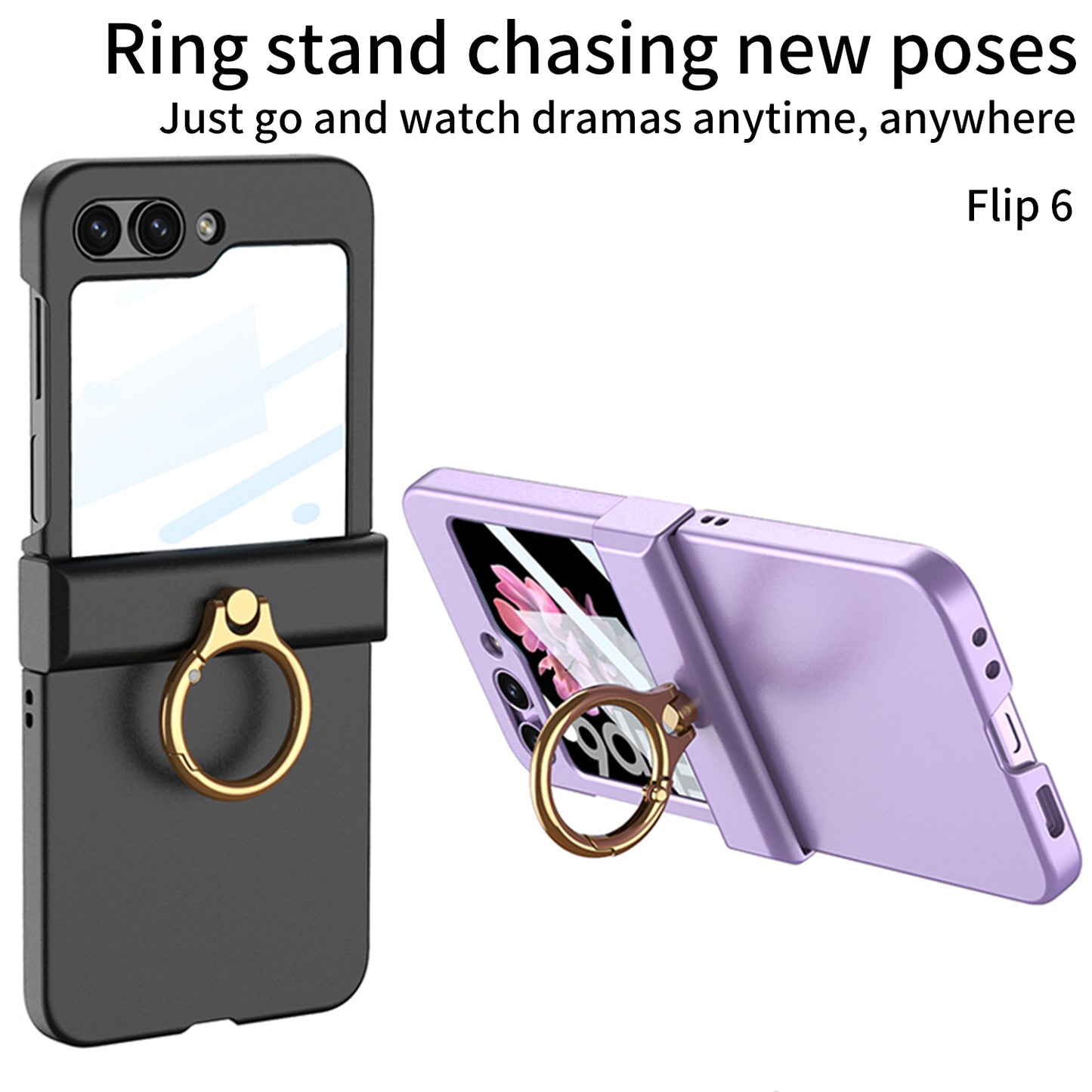 GKK For Samsung Galaxy Z Flip6 5G Slim Phone Case PC Cover with Ring Holder+Tempered Glass Film - Black