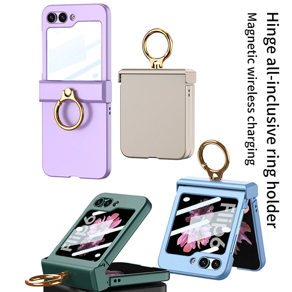 GKK For Samsung Galaxy Z Flip7 FE 5G / Z Flip6 5G Slim Phone Case PC Cover with Ring Holder+Tempered Glass Film - Green