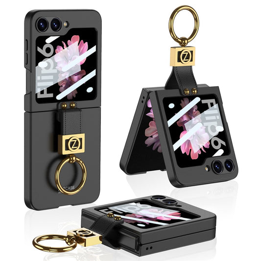 GKK For Samsung Galaxy Z Flip7 FE 5G / Z Flip6 5G PC Phone Case with Ring Holder+Tempered Glass Front Screen Film - Black