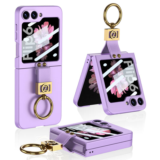 GKK For Samsung Galaxy Z Flip6 5G PC Phone Case with Ring Holder+Tempered Glass Front Screen Film - Purple