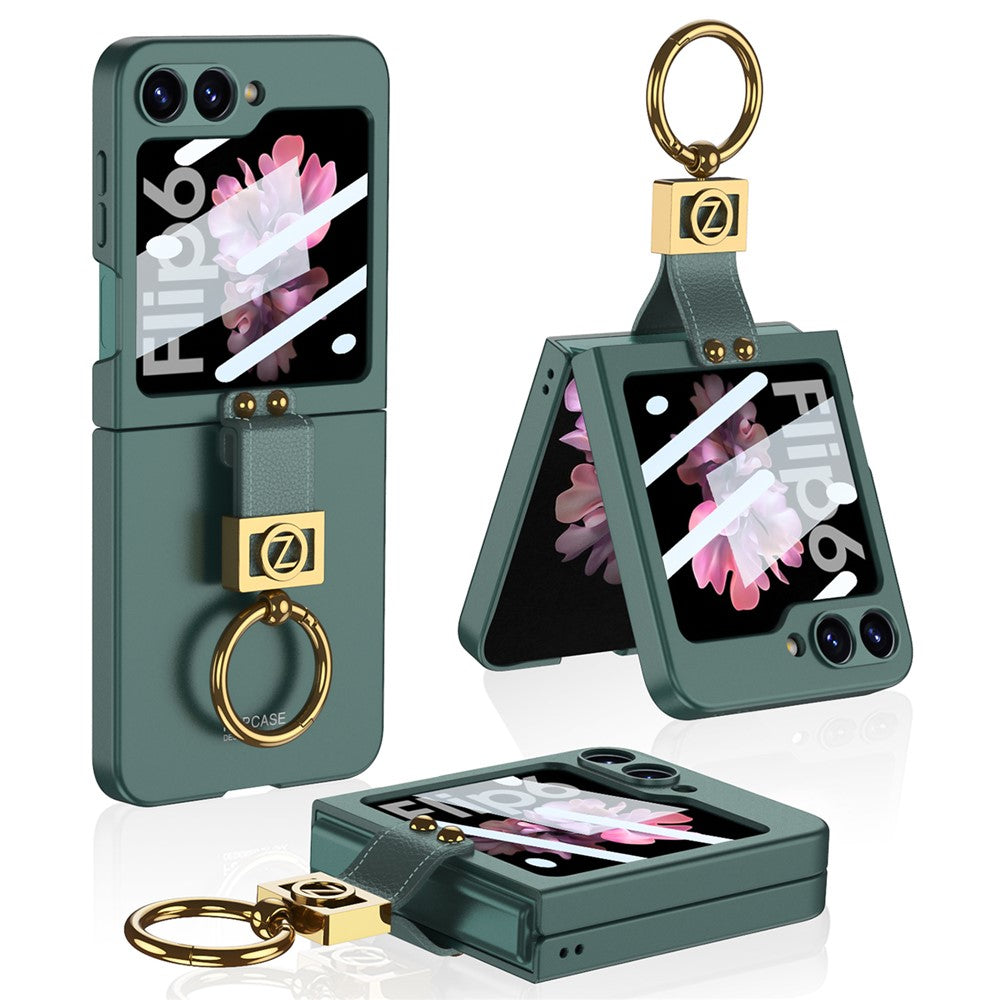 GKK For Samsung Galaxy Z Flip7 FE 5G / Z Flip6 5G PC Phone Case with Ring Holder+Tempered Glass Front Screen Film - Green
