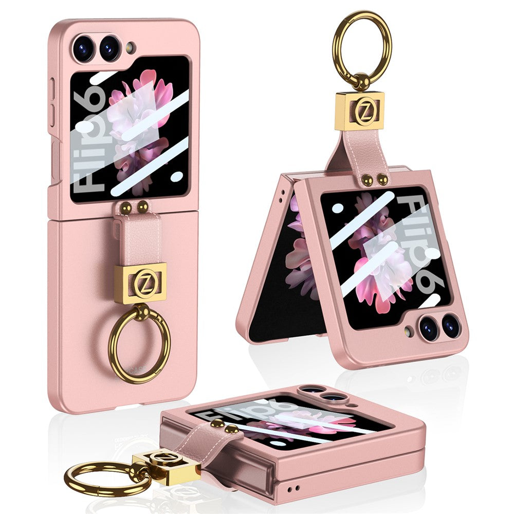 GKK For Samsung Galaxy Z Flip7 FE 5G / Z Flip6 5G PC Phone Case with Ring Holder+Tempered Glass Front Screen Film - Pink