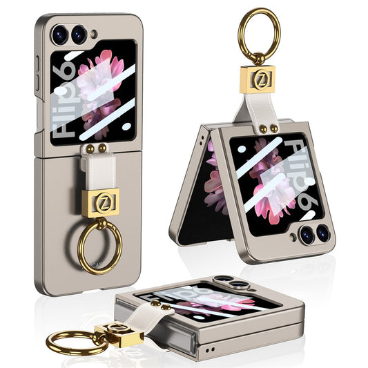 GKK For Samsung Galaxy Z Flip7 FE 5G / Z Flip6 5G PC Phone Case with Ring Holder+Tempered Glass Front Screen Film - Titanium Grey