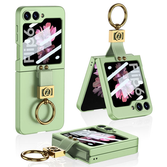 GKK For Samsung Galaxy Z Flip7 FE 5G / Z Flip6 5G PC Phone Case with Ring Holder+Tempered Glass Front Screen Film - Matcha Green