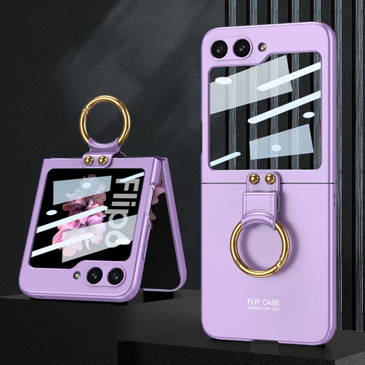 GKK For Samsung Galaxy Z Flip6 5G Case PC Phone Cover with Ring Holder+Tempered Glass Back Screen Film - Purple