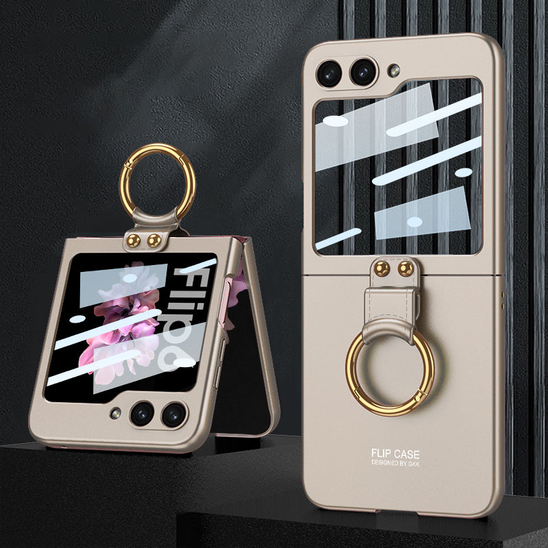 GKK For Samsung Galaxy Z Flip6 5G Case PC Phone Cover with Ring Holder+Tempered Glass Back Screen Film - Titanium Grey