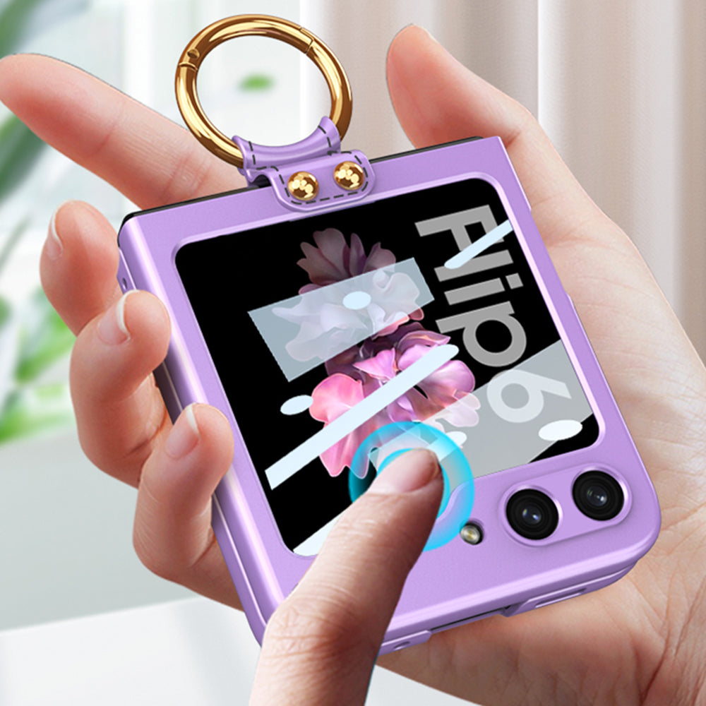 GKK For Samsung Galaxy Z Flip6 5G Case PC Phone Cover with Ring Holder+Tempered Glass Back Screen Film - Titanium Grey