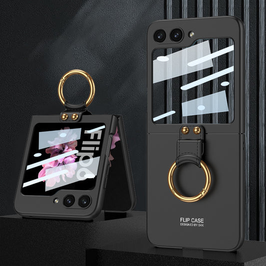GKK For Samsung Galaxy Z Flip6 5G Case PC Phone Cover with Ring Holder+Tempered Glass Back Screen Film - Black