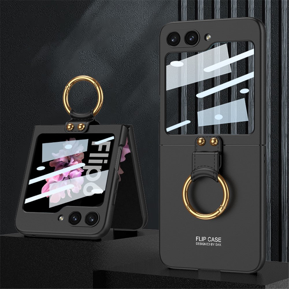 GKK For Samsung Galaxy Z Flip7 FE 5G / Z Flip6 5G Case PC Phone Cover with Ring Holder+Tempered Glass Back Screen Film - Black